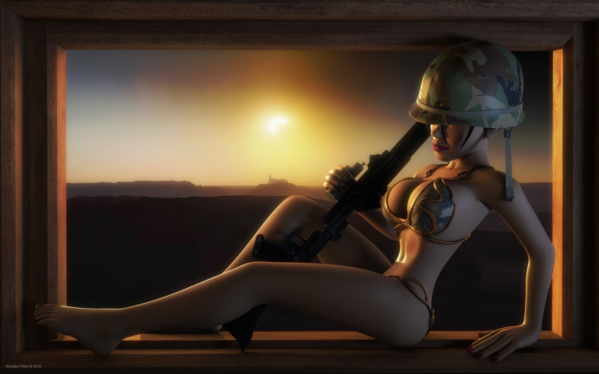 1girls 2016 3d alternate_version_available arcadonna artist_name bare_shoulders barefoot big_breasts black_hair blaster busty cleavage curvy dc-15a_blaster_rifle detailed_background eyelashes female female_only front_view gun helmet holding_object hourglass_figure human indoors inside jedha kondaspeter lipstick makeup metal_bikini midriff nail_polish pink_lipstick pose posing room shiny shiny_skin short_hair slave_bikini solo star_wars voluptuous weapon wide_hips