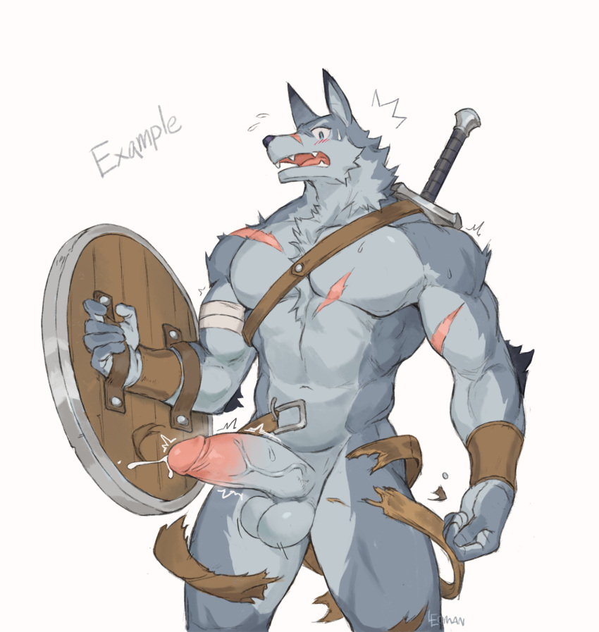 anthro balls biceps blush canid canine canis clothing deltoids erection fur genitals grey_body grey_fur hi_res humanoid_genitalia humanoid_hands humanoid_penis male male_only mammal manly melee_weapon muscular muscular_anthro muscular_male navel paintballx99 pecs penis shield solo sword wardrobe_malfunction warrior weapon wolf