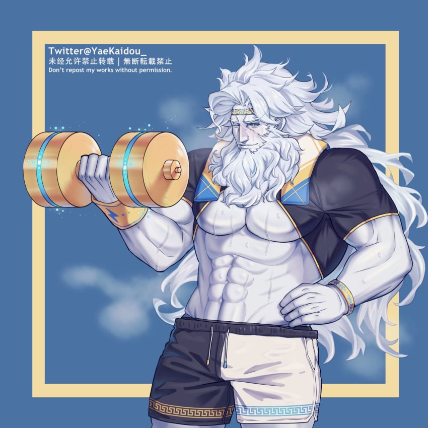 bara beard dumbbell exercise facial_hair fate/grand_order fate_(series) long_hair male male_only muscles muscular one_eye_closed shorts solo solo_male sweat sweating weightlifting white_body white_hair white_skin yaekaidou zeus_(fate)