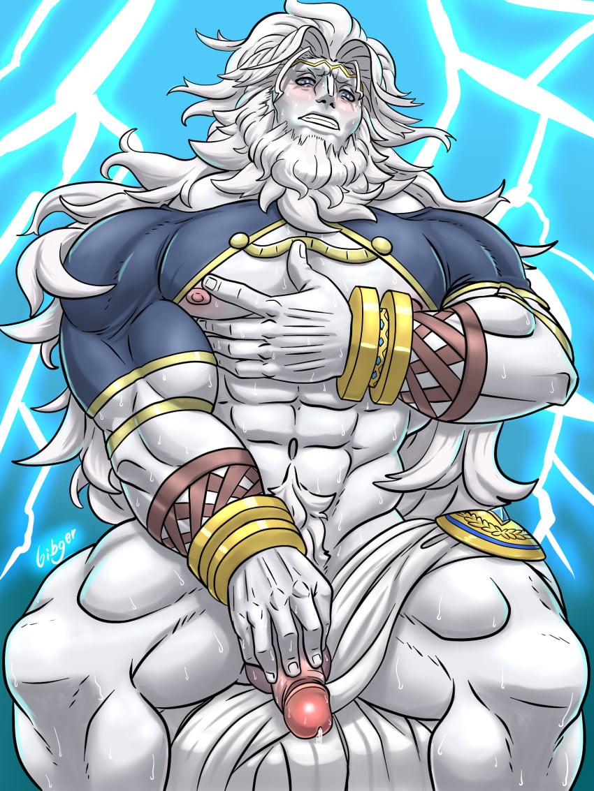 balls bara beard blush facial_hair fate/grand_order fate_(series) gibgern long_hair male male_only muscles muscular penis solo solo_male sweat sweating white_body white_hair white_skin zeus_(fate)