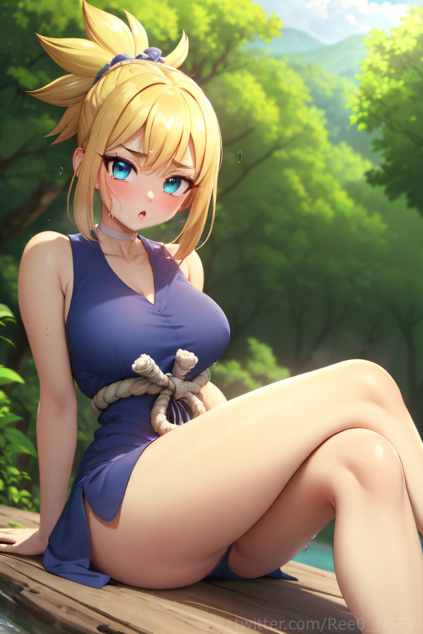 :o absurd_res absurdres ai_generated arm_support bangs bare_arms bare_legs bare_shoulders blonde_hair blue_dress blue_eyes blush breasts choker cleavage collarbone crossed_legs day dr.stone dress feet_out_of_frame female hair_ornament hair_scrunchie hi_res highres kohaku_(dr.stone) large_breasts looking_at_viewer open_mouth outdoors ponytail ree0 rope sitting sky sleeveless sleeveless_dress solo sweat thighs tree white_choker