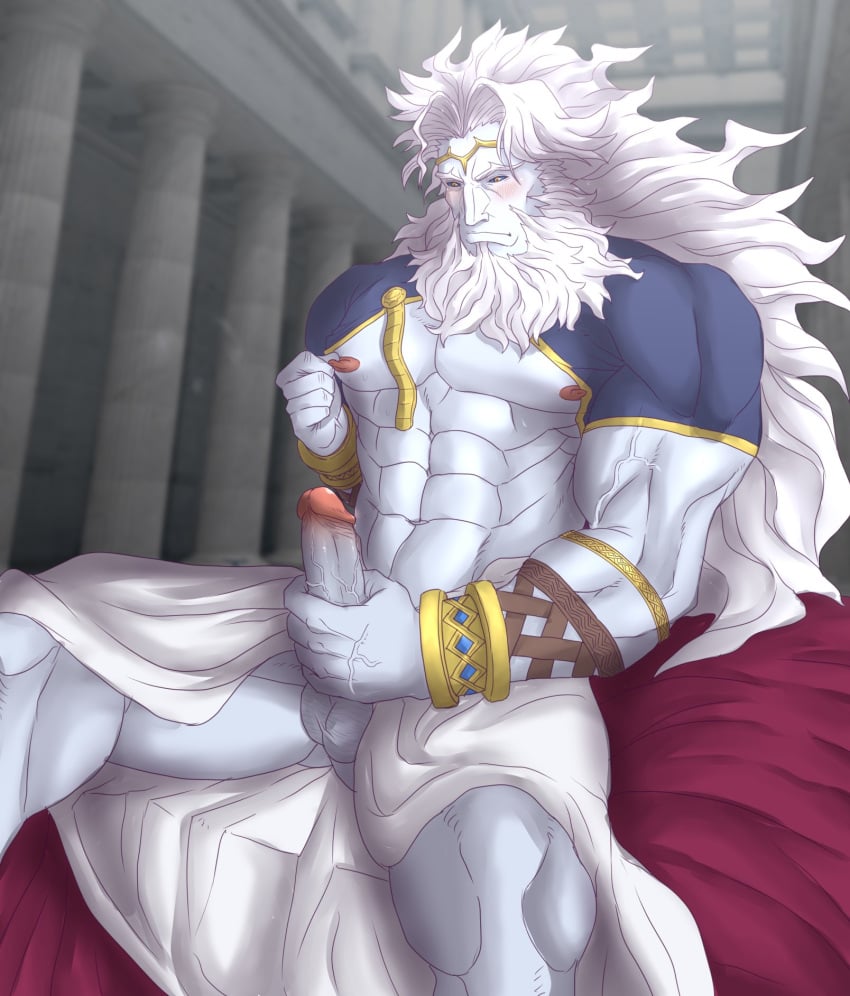 abeberries balls bara beard blush boner clothing erection facial_hair fate/grand_order fate_(series) long_hair male male_only masturbation muscles muscular penis solo solo_male white_body white_hair white_skin zeus_(fate)