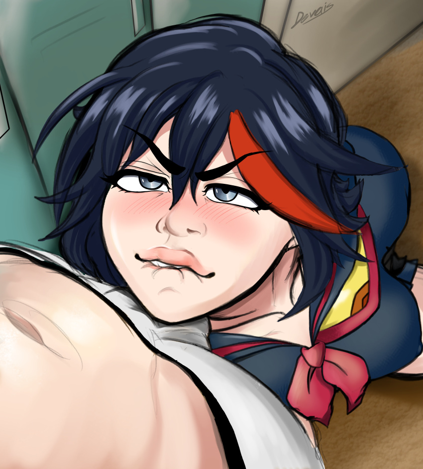 1boy 1girls big_lips big_penis blush bulge devais eager eye_contact female human imminent_oral kill_la_kill male matoi_ryuuko senketsu short_hair straight