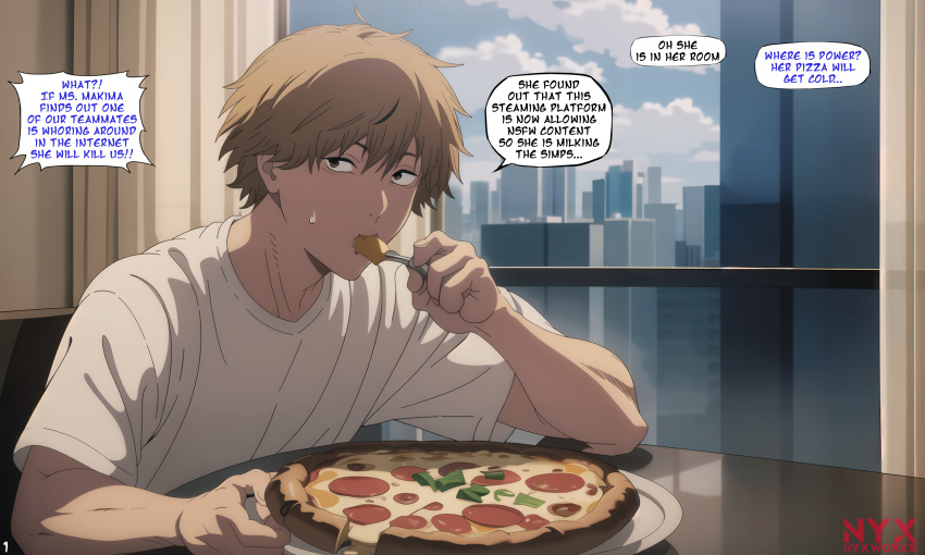 1boy ai_generated blonde_hair chainsaw_man city clothes comic denji_(chainsaw_man) english_text indoors male_focus nyxworks page_1 pizza right_to_left shirt short_hair