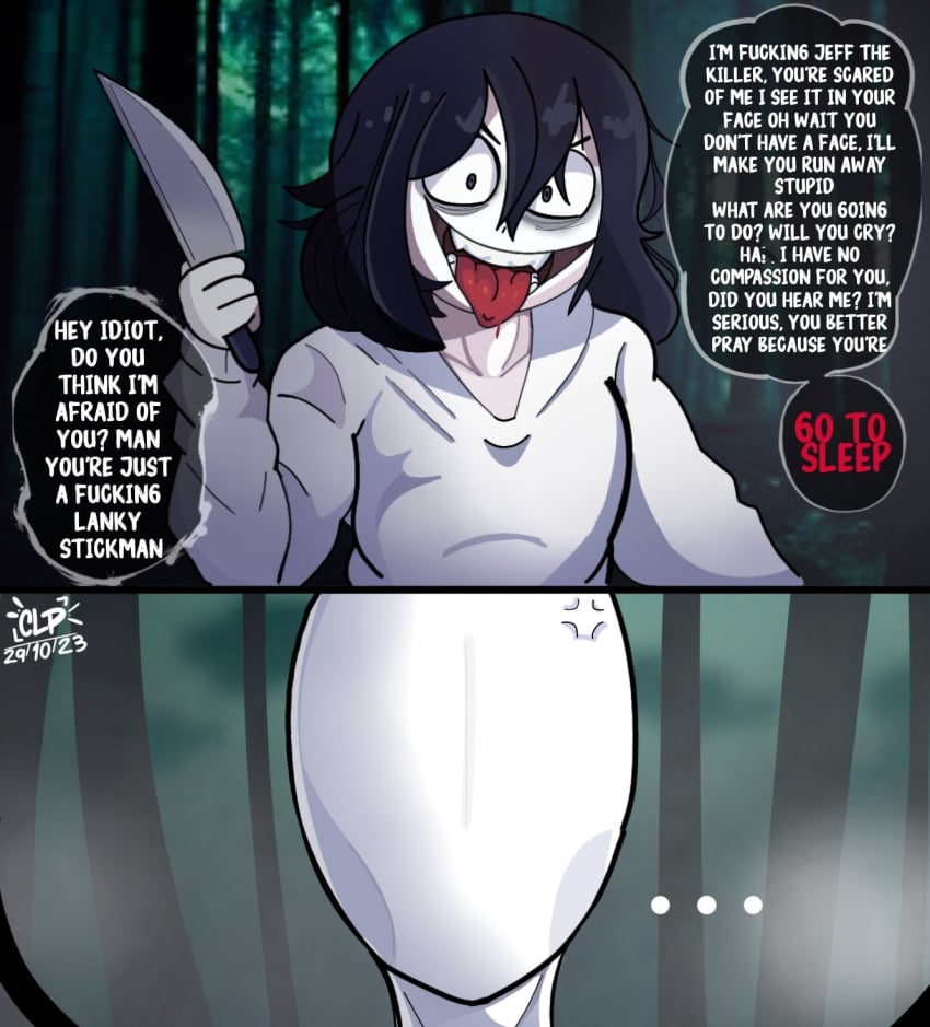 angry black_hair comic comic_page creamy_lemon_pie creepypasta dialogue english_text femboy_jeff_the_killer jeff_the_killer knife long_hair pale_skin poll_winner slenderman smile text tongue yaoi