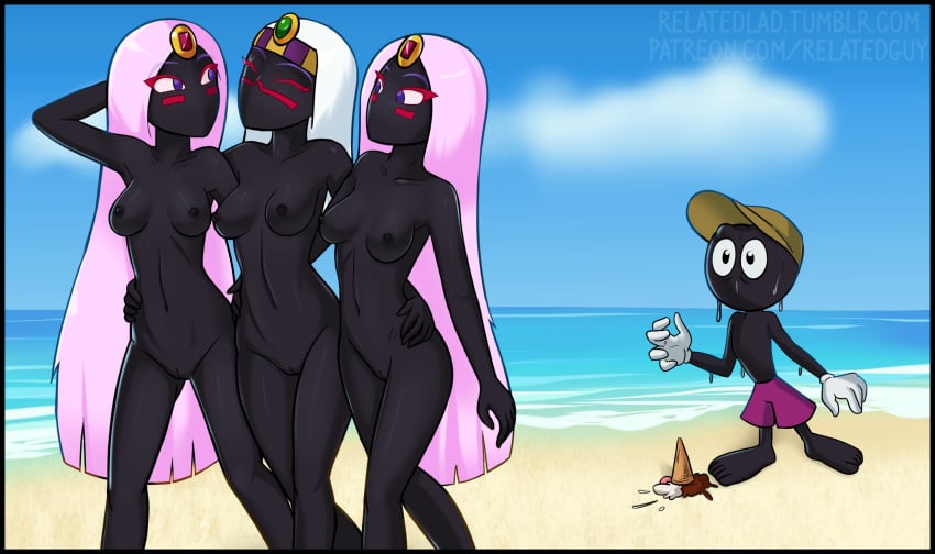 2018 5_fingers alien alien_girl alien_humanoid beach black_skin blue_eyes breasts casual casual_nudity cleavage closed_eyes clothed clothing dark_skin duck_dodgers female group hair hi_res humanoid long_hair looney_tunes male martian martian_(duck_dodgers) martian_handmaiden marvin_the_martian navel nipples nude nude_beach nudist nudity outdoors pink_hair public pussy queen_tyr'ahnee relatedguy seaside smooth_skin sweat walking warner_brothers white_hair