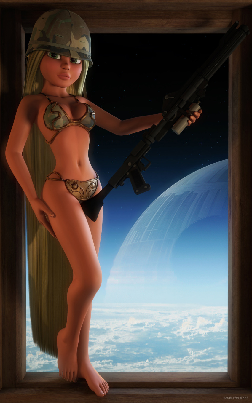 1girls 2016 3d alternate_version_available artist_name bare_shoulders barefoot big_breasts blaster blonde_hair busty cleavage clothing crossover curvy dc-15a_blaster_rifle death_star detailed_background disney disney_princess eyelashes female female_only front_view green_eyes gun helmet holding_object hourglass_figure human indoors inside kondaspeter long_hair looking_at_viewer lucasfilm metal_bikini midriff pose posing princess rapunzel room royalty scarif shadow shiny shiny_skin slave_bikini solo standing star_wars tangled very_long_hair voluptuous weapon wide_hips yellow_hair