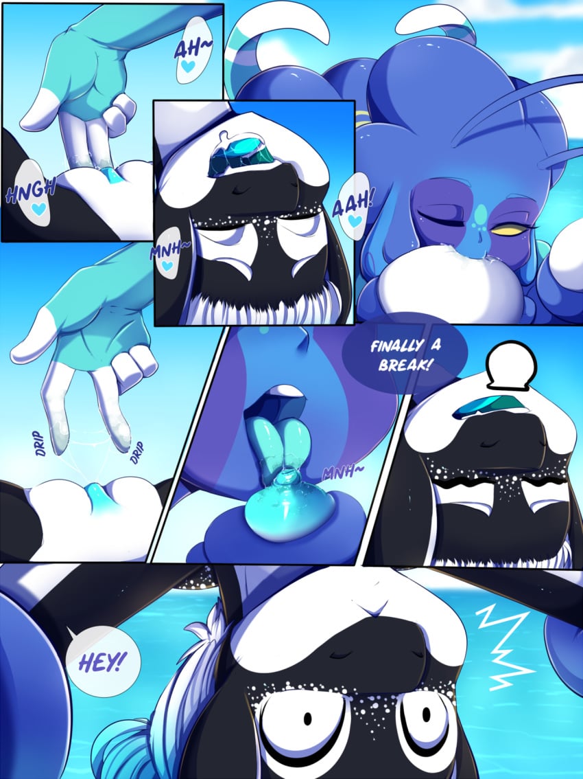 2018 anthro ass_up blue_hair blue_pussy blue_tits blue_tongue breast_grab breasts cetacean closed_eyes comic detailed_background dialogue duo english_text female finger_fuck fingering hair half-closed_eyes hand_on_breast humanoid licking mammal marine nude one_eye_closed open_mouth orca penelope pussy rainbowscreen sea sex spread_legs spreading tentacle text tongue tongue_out water whale yuri