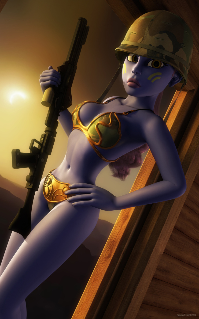 1girls 2016 3d alien alien_girl alternate_version_available artist_name bare_shoulders big_breasts bikini blaster blue-skinned_female blue_skin busty camouflage clone_wars curvy dc-15a_blaster_rifle eyelashes female female_only front_view gun headgear helmet holding_object hourglass_figure humanoid indoors inside jedha kondaspeter long_hair looking_at_viewer mammal marking metal_bikini midriff military_hat military_uniform pantoran pose posing purple_hair riyo_chuchi room shadow shiny shiny_skin slave slave_bikini slave_outfit soldier solo standing star_wars uniform voluptuous weapon wide_hips yellow_eyes