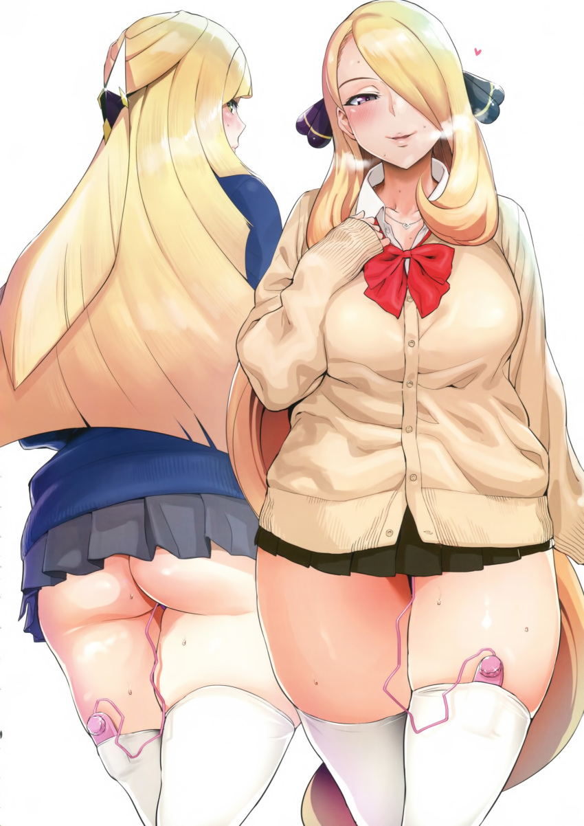 2girls absurdres aether_foundation alternate_costume ass blonde_hair blush breasts cardigan champion controller cynthia_(pokemon) eyelashes female female_only from_behind green_eyes grey_eyes hair_ornament hair_over_one_eye half-closed_eyes hand_on_own_chest heart heart-shaped_pupils heavy_breathing highres human iku_(ikuchan_kaoru) jewelry large_breasts long_hair long_sleeves looking_at_viewer looking_back lusamine_(pokemon) mature microskirt milf miniskirt mother multiple_girls naughty_face necklace nintendo pleated_skirt pokemon pokemon_dppt pokemon_sm red_neckwear remote_control remote_control_vibrator school_uniform seifuku serafuku sex_toy shirt simple_background skindentation skirt smile sweat thick_thighs thighhighs thighs very_long_hair vibrator vibrator_cord vibrator_under_clothes voluptuous white_background white_legwear wide_hips zettai_ryouiki