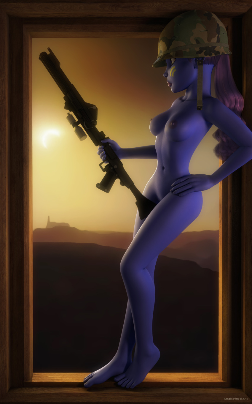 1girls 2016 3d alien alien_girl artist_name bare_shoulders barefoot big_breasts blaster blue-skinned_female blue_skin busty clone_wars curvy dc-15a_blaster_rifle erect_nipple erect_nipples eyelashes female female_only front_view gun hand_on_hip hands_on_hip hands_on_hips helmet holding_object hourglass_figure humanoid indoors inside jedha kondaspeter long_hair mammal marking naked nude pantoran pose posing purple_hair riyo_chuchi room shadow shiny shiny_skin solo standing star_wars voluptuous weapon wide_hips yellow_eyes