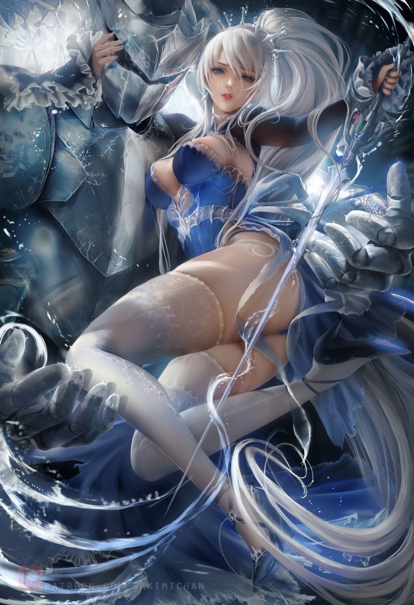 absurdres big_breasts breasts highres long_hair myrtenaster panties rapier rwby sakimichan stockings sword weapon weiss_schnee white_hair