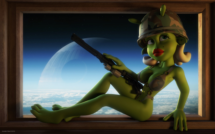 1girls 2016 3d alien alien_girl alternate_version_available artist_name bare_shoulders barefoot beauty_mark big_breasts blaster busty cleavage crossover curvy day dc-15a_blaster_rifle death_star detailed_background eyelashes female female_only front_view green_eyes green_skin gun holding_object hourglass_figure humanoid indoors inside kondaspeter leotard lipstick looking_up makeup marilyn_(planet_51) mole planet_51 pose posing red_lipstick room scarif shadow shiny shiny_skin sitting solo star_wars thick_lips voluptuous weapon white_hair wide_hips