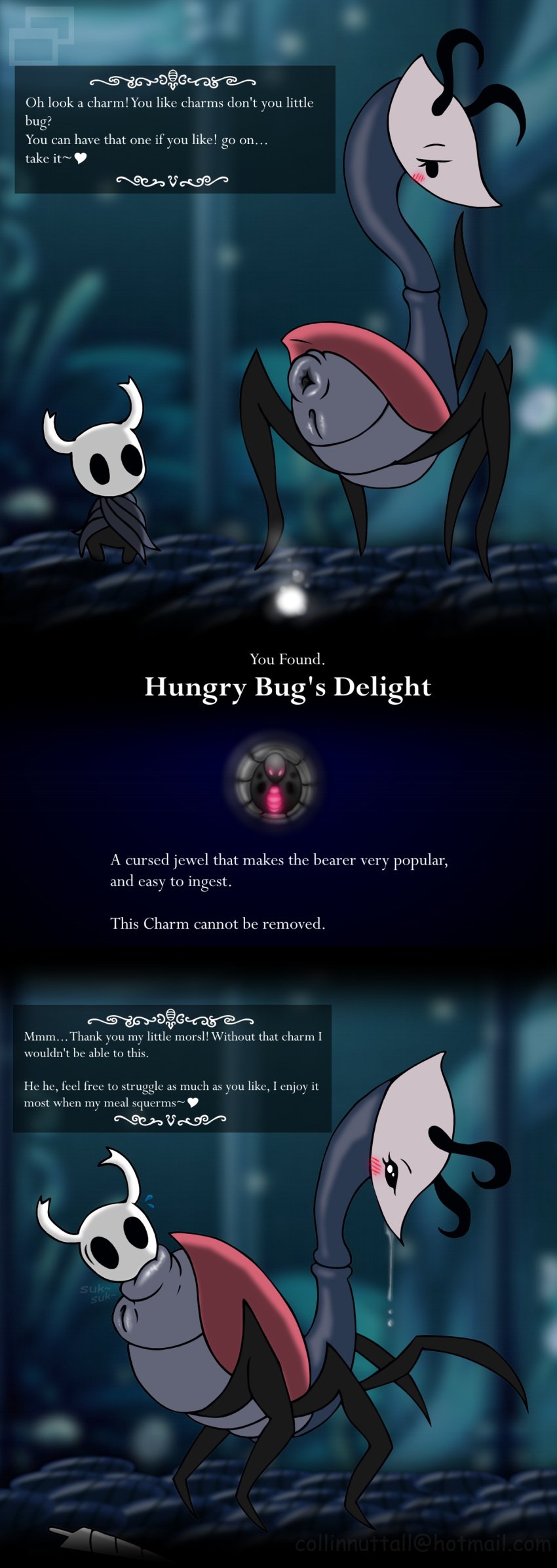 ambiguous_gender ambiguous_prey anal_vore anus arthropod comic drooling female female_pred feral hollow_knight insects protagonist_(hollow_knight) puffy_anus pussy saliva slushy text vore willoh_(hollow_knight)