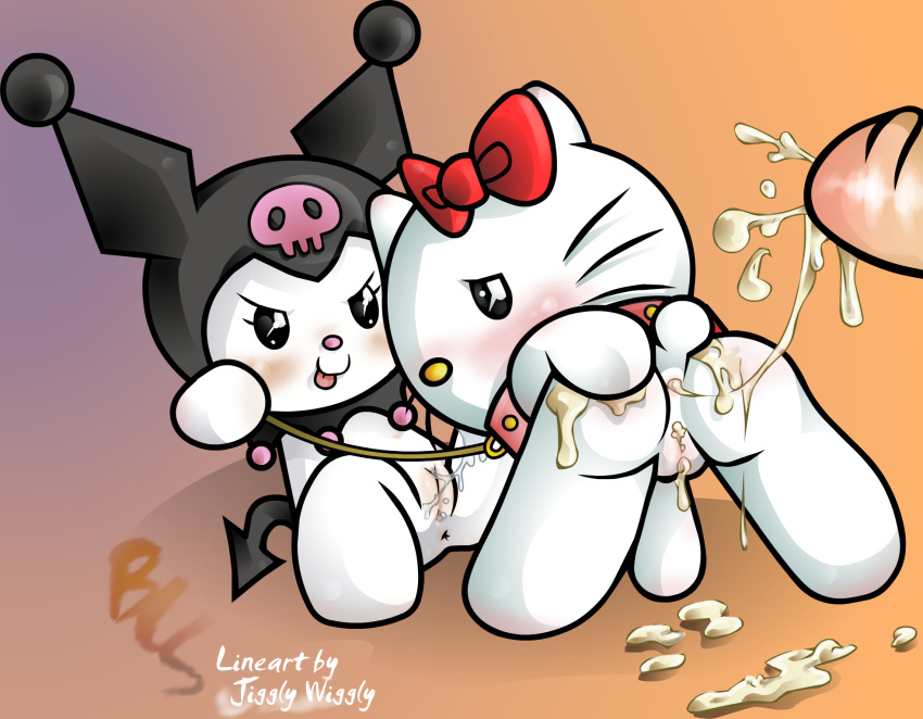 1boy 2girls after_anal after_sex anus bcs buttercup_saiyan collar cum cum_in_ass cum_in_pussy cum_inside cum_on_ass cunnilingus disembodied_penis erection faceless_male female hello_kitty hello_kitty_(character) hello_kitty_(series) kitty_white kuromi leash male onegai_my_melody penis pussy rear_view sanrio simple_background spread_legs spreading