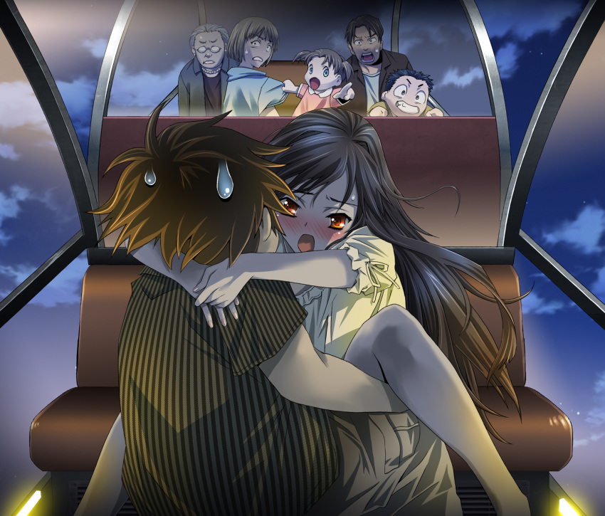 1boy accel_world antenna_hair arita_haruyuki black_hair brown_hair caught clothed_sex female ferris_wheel highres kuroyukihime long_hair platin_(alios) public red_eyes sex