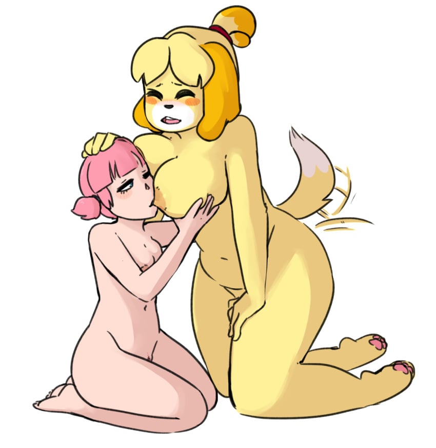 2girls animal_crossing animal_crossing_girl anthro big_breasts blonde_hair blue_eyes blush blush_sticker breast_grab breast_sucking breasts canine closed_eyes duo feet female fur hair hand_on_breast hand_on_thigh head_grab hindpaw human human_on_anthro interspecies isabelle_(animal_crossing) kneeling larger_female looking_pleasured mammal multiple_girls nintendo nipple_suck nipples nude one_eye_closed open_mouth pawpads paws pink_hair pink_skin pussy rainbowsprinklesart shih_tzu simple_background size_difference smaller_female sucking tailwag twintails video_games villager_(animal_crossing) white_background yellow_fur yuri