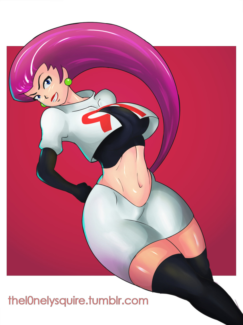 1girls abs belly big_breasts blue_eyes boots breasts clothed earrings female female_only gloves human human_only jessie_(pokemon) lipstick midriff miniskirt navel nintendo pink_hair pinup pokemon pokemon_rgby purple_hair shirt skirt team_rocket text thelonelysquire thick_thighs thigh_boots thighhighs thin_waist url watermark wide_hips