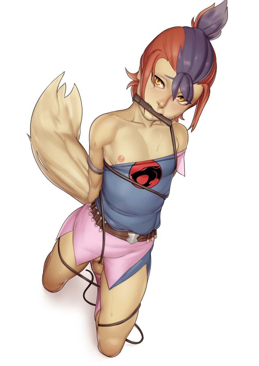 anthro bound color female female_only flat_chest full_body john_doe kneeling nipple ripped_clothing simple_background solo thundercats tied_up uniform white_background wilykit wilykit(2011)