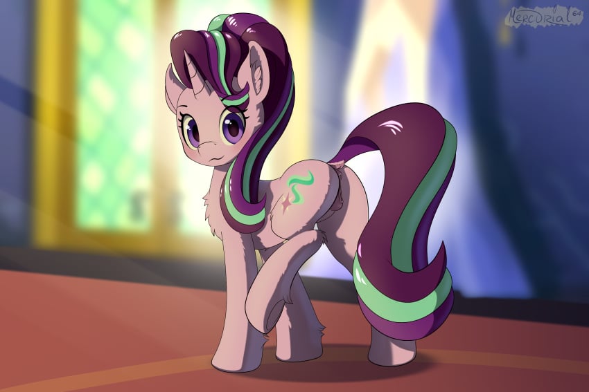 2018 anatomically_correct anatomically_correct_pussy animal_genitalia animal_pussy ass cutie_mark equine equine_pussy eyebrows eyelashes female feral friendship_is_magic fur highres hooves horn looking_at_viewer mammal mercurial64 my_little_pony pussy solo starlight_glimmer unicorn