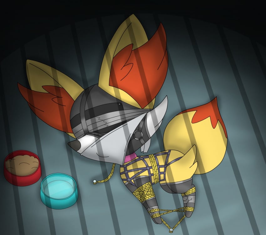 ambiguous_gender blindfold bondage bound charly-sparks cloth_gag fennekin fox furry gag harness hood nintendo pokémon_(species) pokemon pokemon_(species) pokemon_xy rope rubber solo straps tail tape video_games