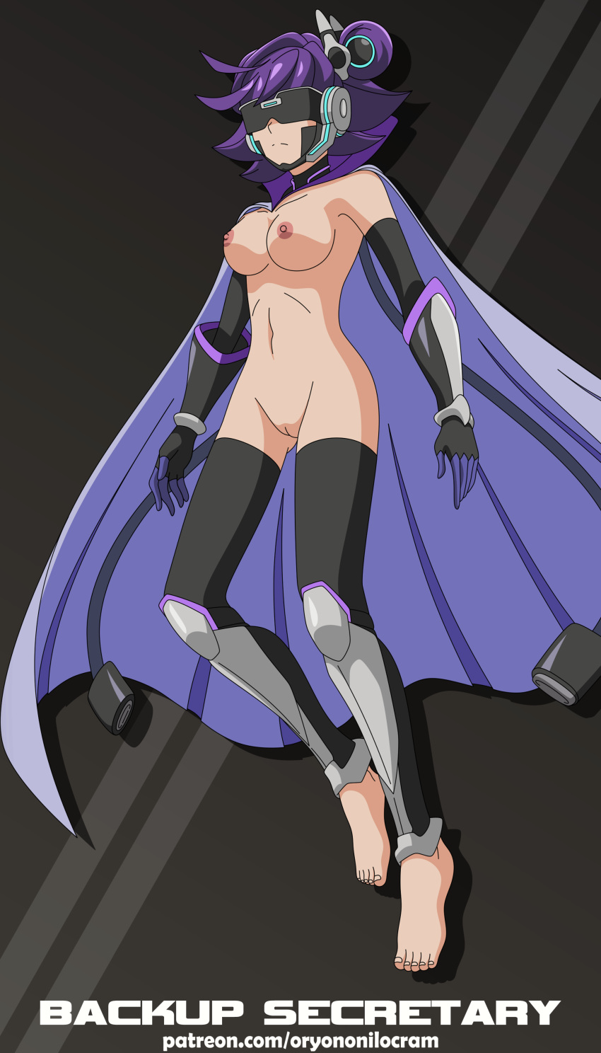 1girls abs backup_secretary breasts feet female female_only high_resolution nude oryononilocram simple_background solo text tinted_eyewear uncensored vagina very_high_resolution visor watermark yu-gi-oh!