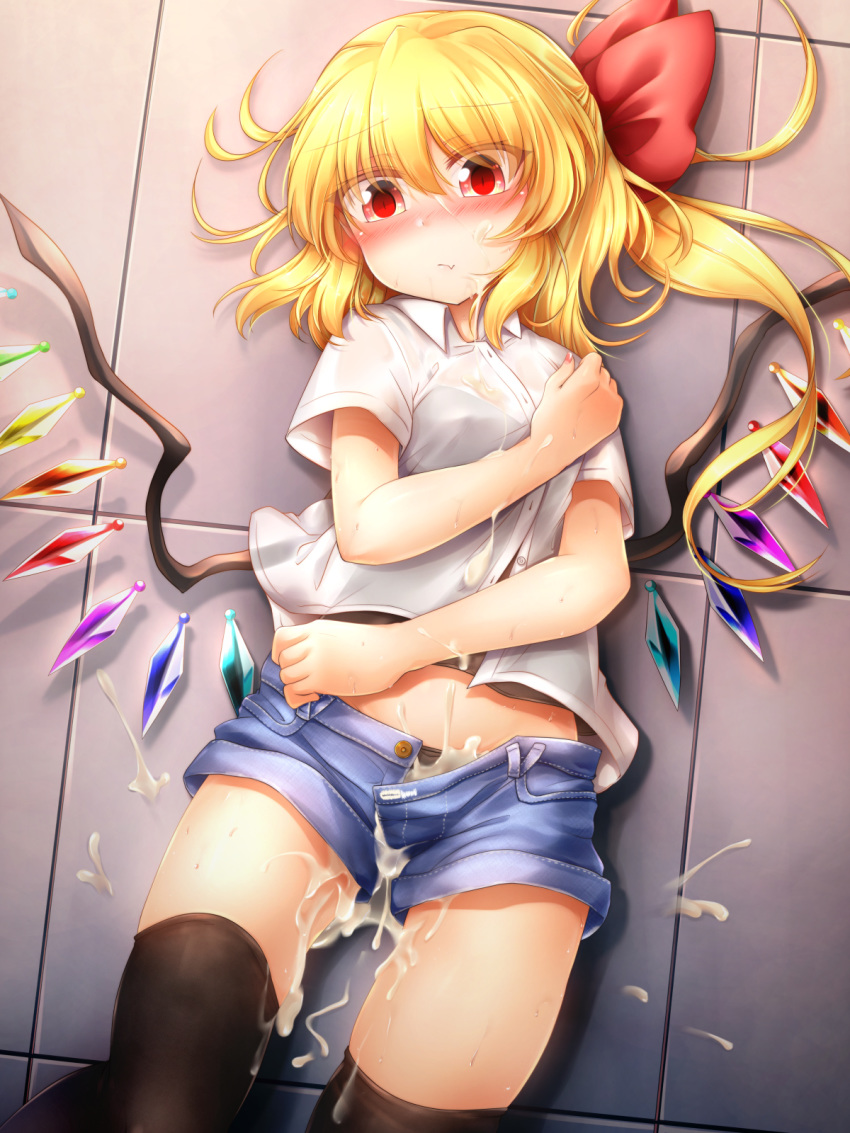 alternate_costume bangs black_legwear black_panties blonde_hair blush camisole commentary_request contemporary cowboy_shot crystal cum cumdrip denim denim_shorts eyebrows_visible_through_hair eyes_visible_through_hair facial fang_out female flandre_scarlet floor from_above hair_between_eyes hair_ribbon hand_up head_tilt highres long_hair looking_at_viewer lying m9kndi midriff nail_polish no_hat no_headwear nose_blush on_back one_side_up open_fly panties pink_nails red_eyes red_ribbon ribbon school_uniform see-through shadow shirt short_shorts short_sleeves shorts solo thighhighs thighs touhou translation_request unbuttoned underwear white_shirt wing_collar wings