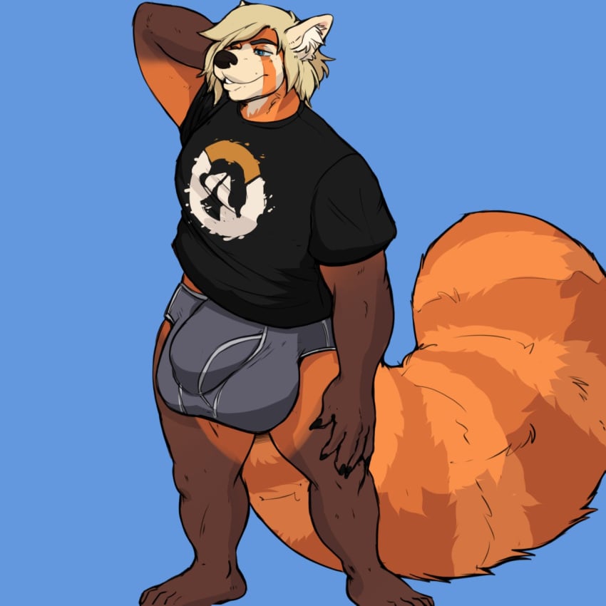 1boy anthro blonde_hair bulge clothed clothing hair hyper hyper_bulge male male_only mammal octopoodle overwatch red_panda simple_background smile solo standing video_games