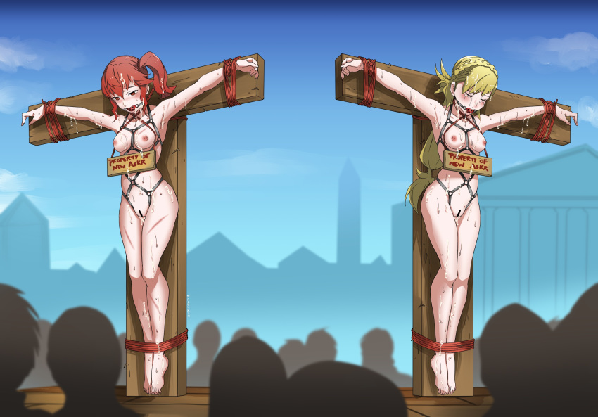 2girls anna_(fire_emblem) anna_(fire_emblem_heroes) armpits arms_up audience ball_gag barefoot being_watched between_labia blonde_hair blush bondage bondage_harness bound breasts brown_eyes censored closed_eyes cross crowd crucifixion crying defeated english_text eudetenis feet fire_emblem fire_emblem_heroes gag harness human humiliation innie_pussy legs_together long_hair multiple_girls multiple_subs nintendo nipples nude outdoors ponytail public public_humiliation public_nudity pussy red_eyes red_hair restrained rope rope_bondage sharena_(fire_emblem) side_ponytail sign suspended suspension sweat tears watching whip_marks