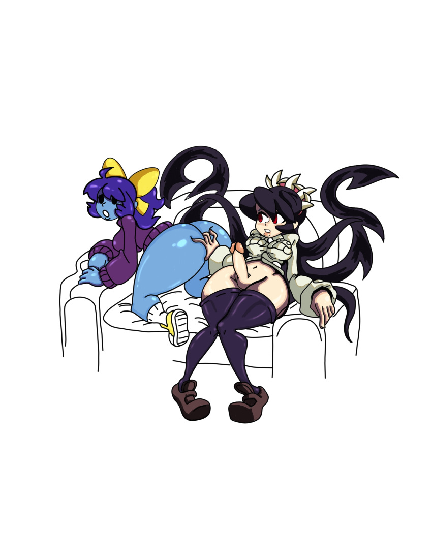 ass ass_grab blue_skin bottomless breasts filia_(skullgirls) futa_on_female futanari intersex itssparkdragonworld marina_(noill) mob_face penis samson_(skullgirls) shoes simple_face skullgirls sneakers sweater