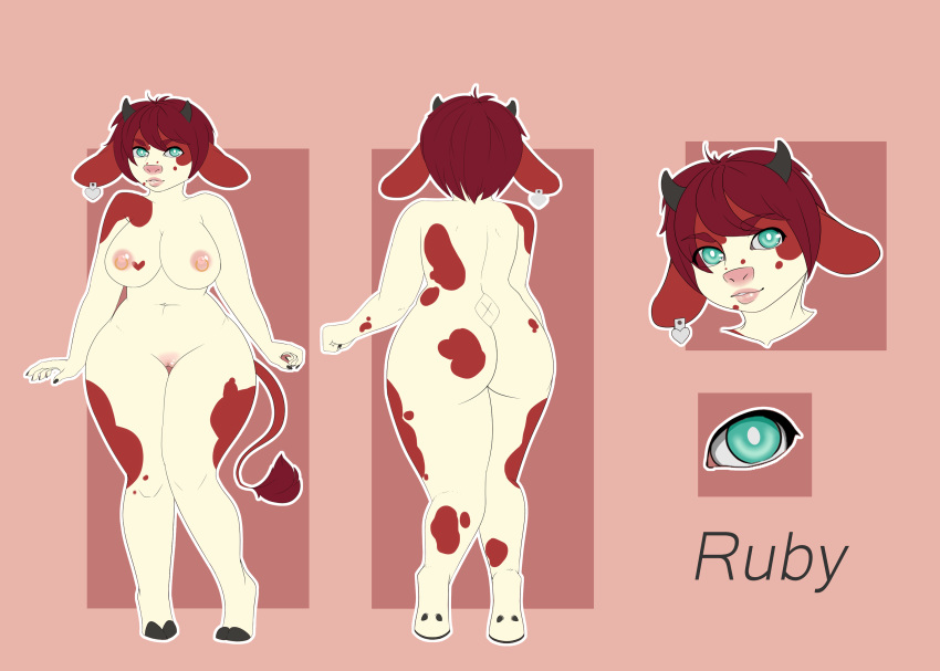 ass big_breasts bovine breasts cattle female furry hair hi_res hooves horn horns looking_at_viewer mammal model_sheet nails nipples nude pussy red_hair shazzi short_hair slightly_chubby smile