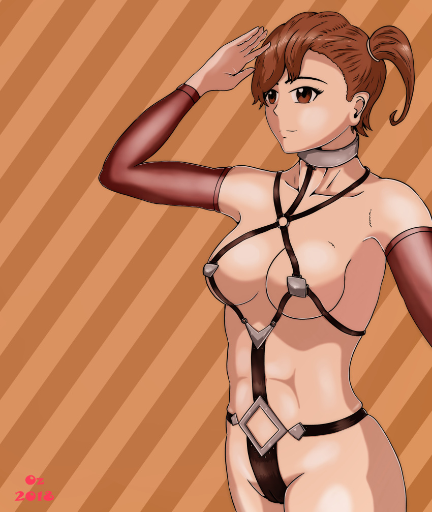 1girls bondage_gear bondage_outfit breasts brown_eyes brown_hair cleavage clothed collar detached_sleeves female female_only gate_-_jieitai_ka_no_chi_nite_kaku_tatakaeri human kuribayashi_shino revealing_clothes salute skimpy_clothes solo