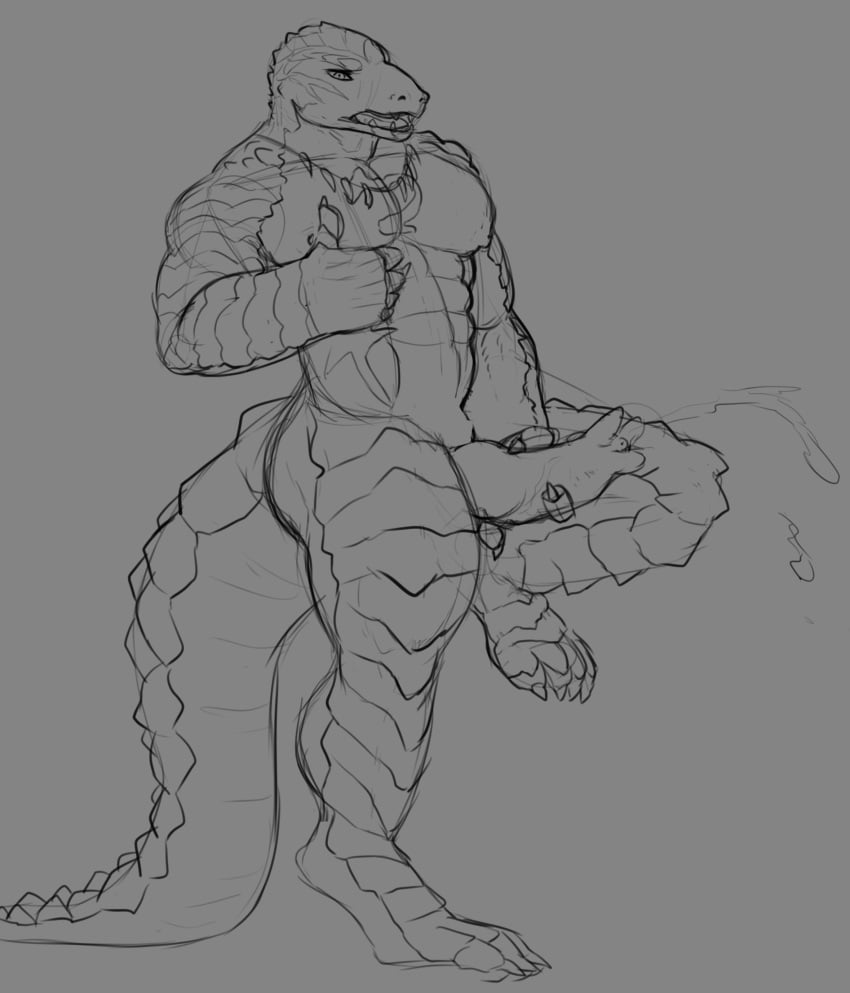 animal_genitalia anthro erection hythrojin lizardman lizardman_(overlord) male male_only masturbation open_mouth overlord_(maruyama) penis reptile scalie sketch solo thumbs_up zenberu_gugu