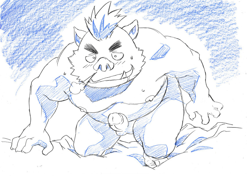 2017 anthro balls blush boar gouryou male male_only mammal mohawk monochrome moobs nipples overweight overweight_male penis porcine q14658091 solo tokyo_afterschool_summoners