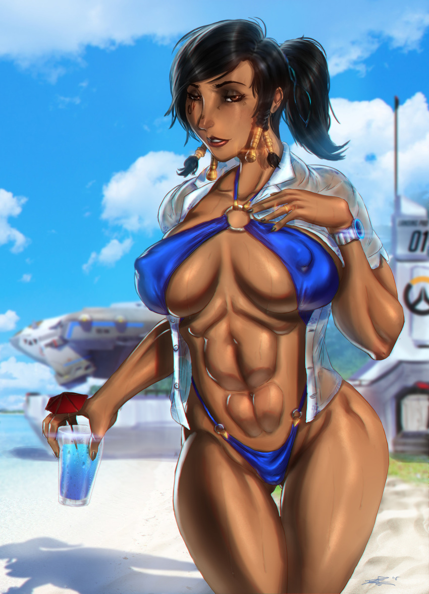 abs big_breasts breasts cleavage dark-skinned_female dark_skin female female_only large_breasts looking_at_viewer muscles muscular muscular_female overwatch pharah solo swimsuit ultamisia