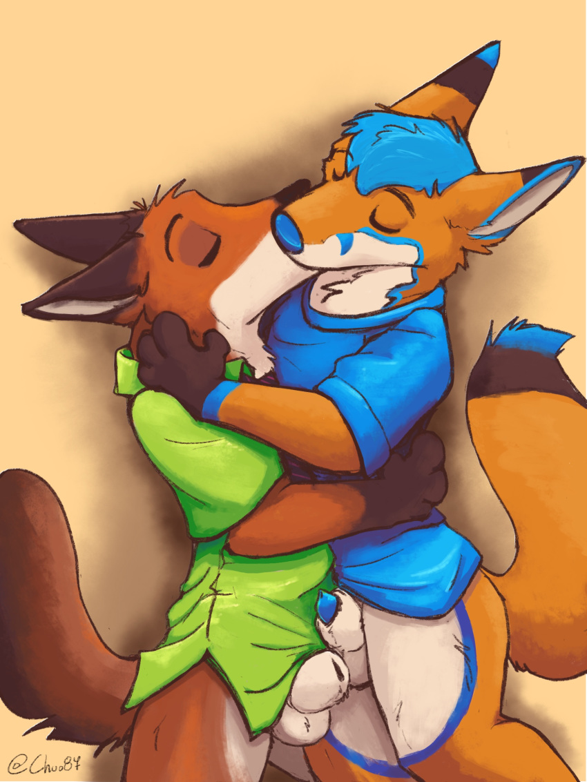 2boys animal_genitalia anthro balls blue_markings bottomless canine chuofox closed_eyes clothed clothing dipstick_tail disney fan_character fire_the_fox fox french_kissing fur gay kissing male male_only mammal markings multicolored_fur multicolored_tail nick_wilde penis sheath shirt simple_background two_tone_fur yaoi zootopia