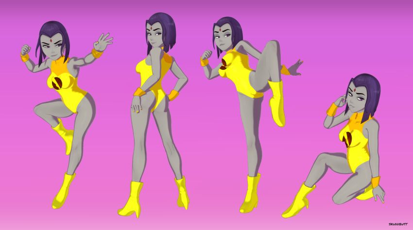 3d ankle_boots ass bodysuit boots breasts cleavage dc dc_comics female female_only high_heel_boots lady_legasus rachel_roth raven_(dc) skuddbutt solo spread_legs teen_titans teen_titans_go