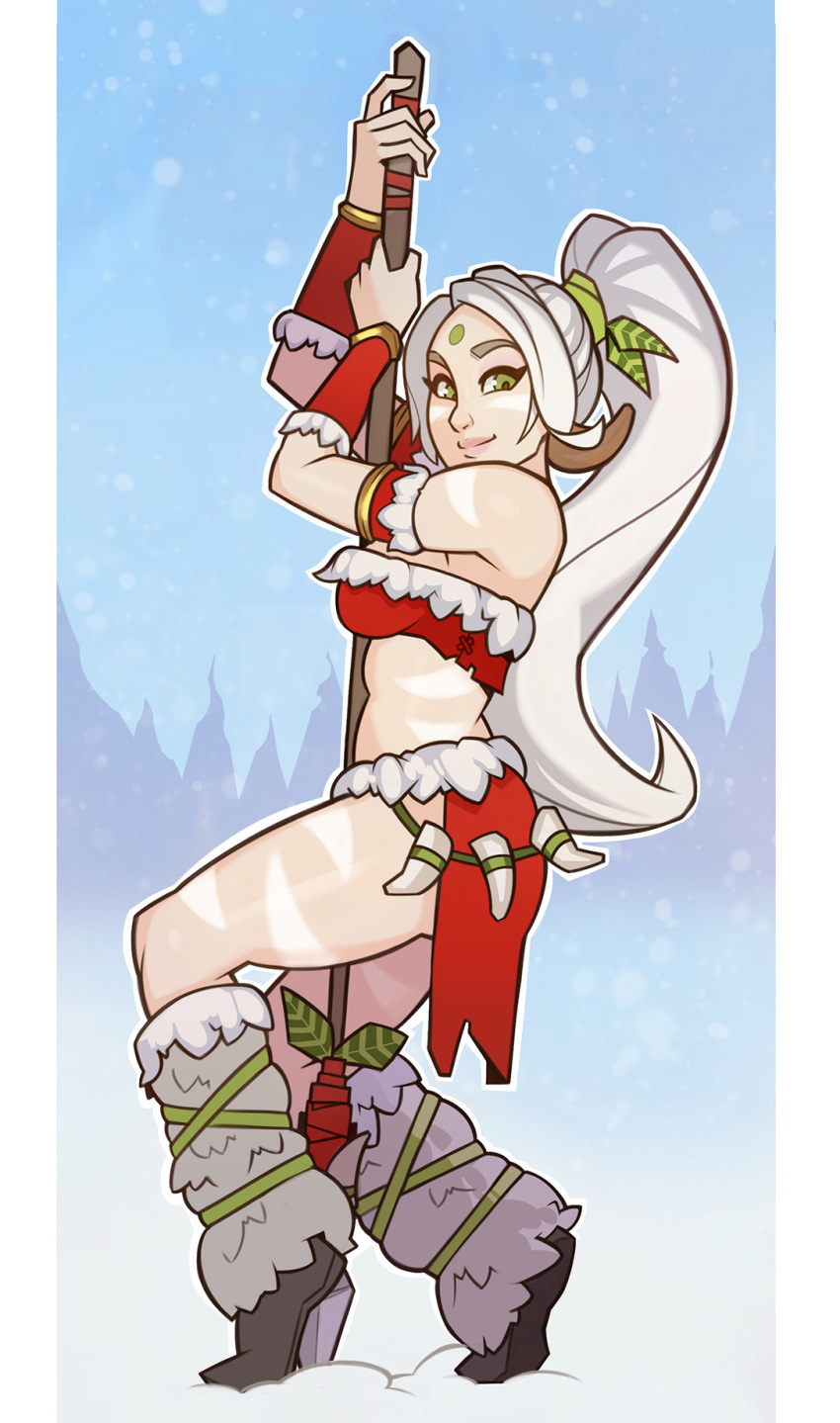 bodypaint facepaint female green_eyes human league_of_legends loincloth midriff nidalee snow_bunny_nidalee snowdown_showdown_series solo splashbrush strapless strapless_top strapless_topwear tubetop white_hair