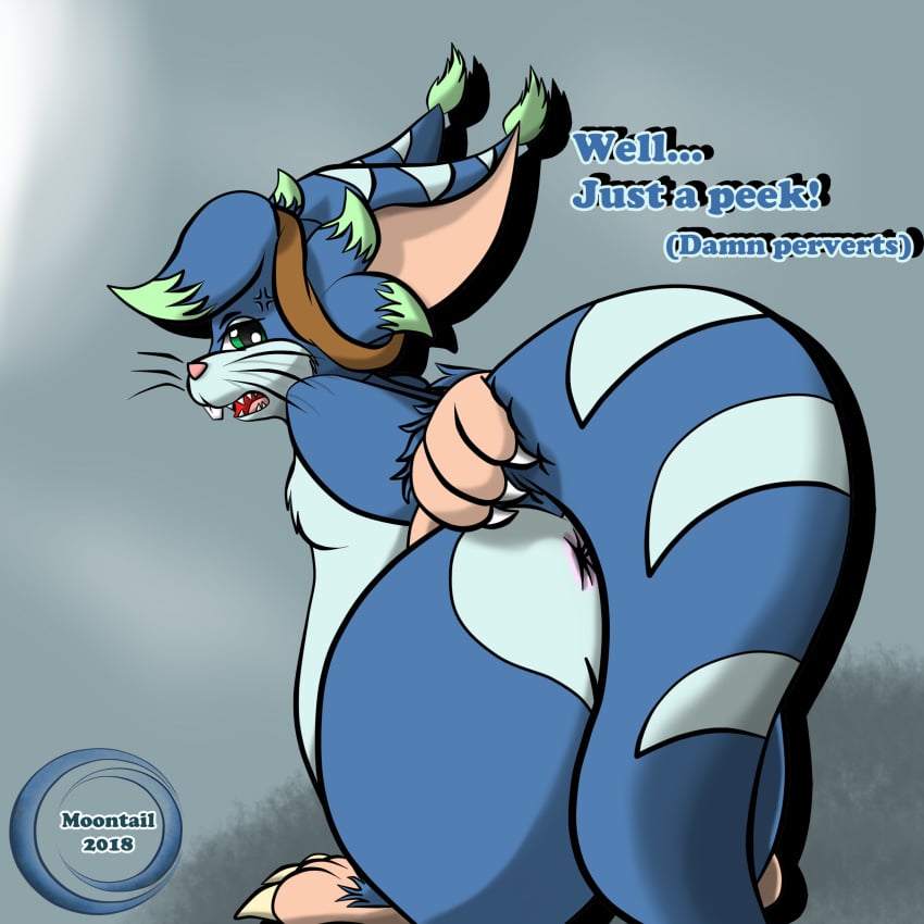 2018 absurd_res ambiguous_gender anger_vein annoyed anthro anus ass blue_fur buckteeth chua claws ear_tuft fur green_eyes grey_background hi_res looking_back luna_muenster_(character) lunamuenster mammal open_mouth pink_nose presenting presenting_hindquarters rear_view simple_background solo tail_aside teeth thick_tail thick_thighs toe_claws tuft whiskers white_fur wide_hips wildstar