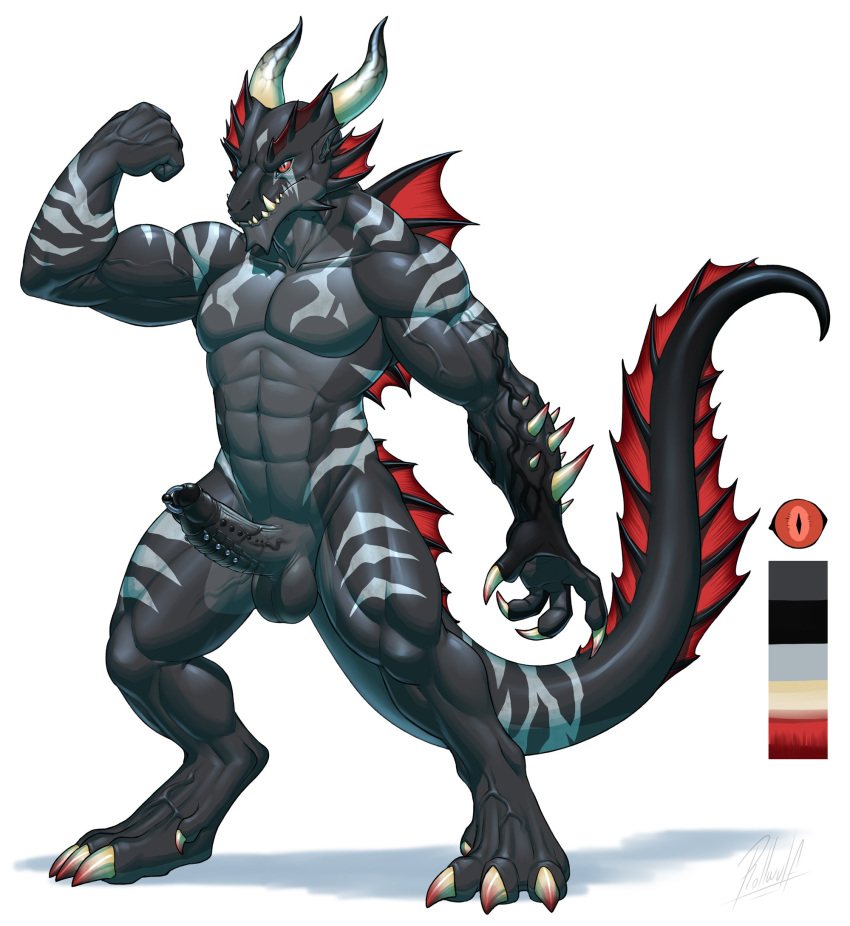 2018 abs alrath anthro balls biceps big_penis black_penis black_skin claws cock_ring corruption dragon fist flexing frill full_length genital_piercing hi_res horn invalid_tag male markings model_sheet muscular muscular_male partially_retracted_foreskin pecs penis penis_piercing piercing pose red_eyes rollwulf simple_background solo spines standing uncut vein white_background