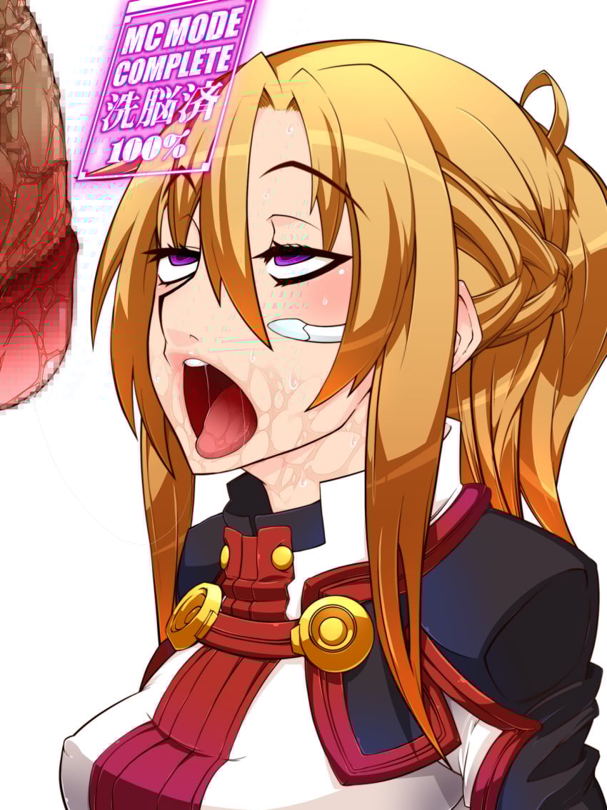 1boy 1girls after_fellatio belu blonde_hair censored erect_nipples female half-closed_eyes horny_female hypnotized long_hair male mind_control open_mouth penis purple_eyes saliva saliva_on_face saliva_string sword_art_online tongue_out white_background yuuki_asuna