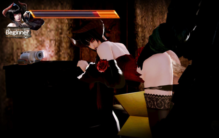 3d bent_over black_hair camera clothed_sex cum_in_pussy cum_on_ass cum_on_penis defeated eliza_(tekken) health_bar high_heels honey_select horns looking_back panties_around_legs panties_down rape red_dress sauwrcream stockings tekken tekken_7