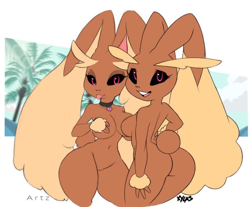 2girls anthro artz ass big_breasts big_ears big_eyes black_sclera breasts brown_fur buckteeth collar covering covering_self duo eyelashes female female_only floppy_ears fur furry furry_only heart huge_ears lagomorph long_ears looking_at_viewer looking_back lopunny mammal navel nintendo nude open_mouth open_smile pink_eyes pink_nose pink_tongue pokémon_(species) pokemon pokemon_(species) pussy short_tail smile tail tan_fur teeth text thick_thighs tongue tongue_out video_games watermark wide_hips xylas