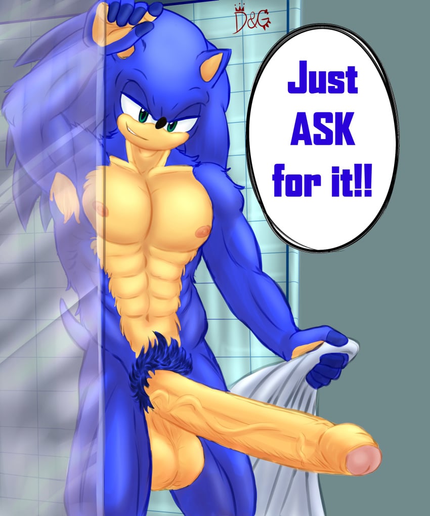 1boy alternate_version_at_source anthro balls bara biceps big_muscles big_penis blue_fur blue_pubic_hair dgemporium erect erect_penis erection fur furry furry_only gay grabbing_towel green_eyes hedgehog huge_cock large_penis long_penis male male_focus male_only mammal meme muscular muscular_male naughty_face nipples pecs penis pubes pubic_hair shower solo solo_male sonic_(series) sonic_the_hedgehog standing testicles towel uncut white_towel yaoi