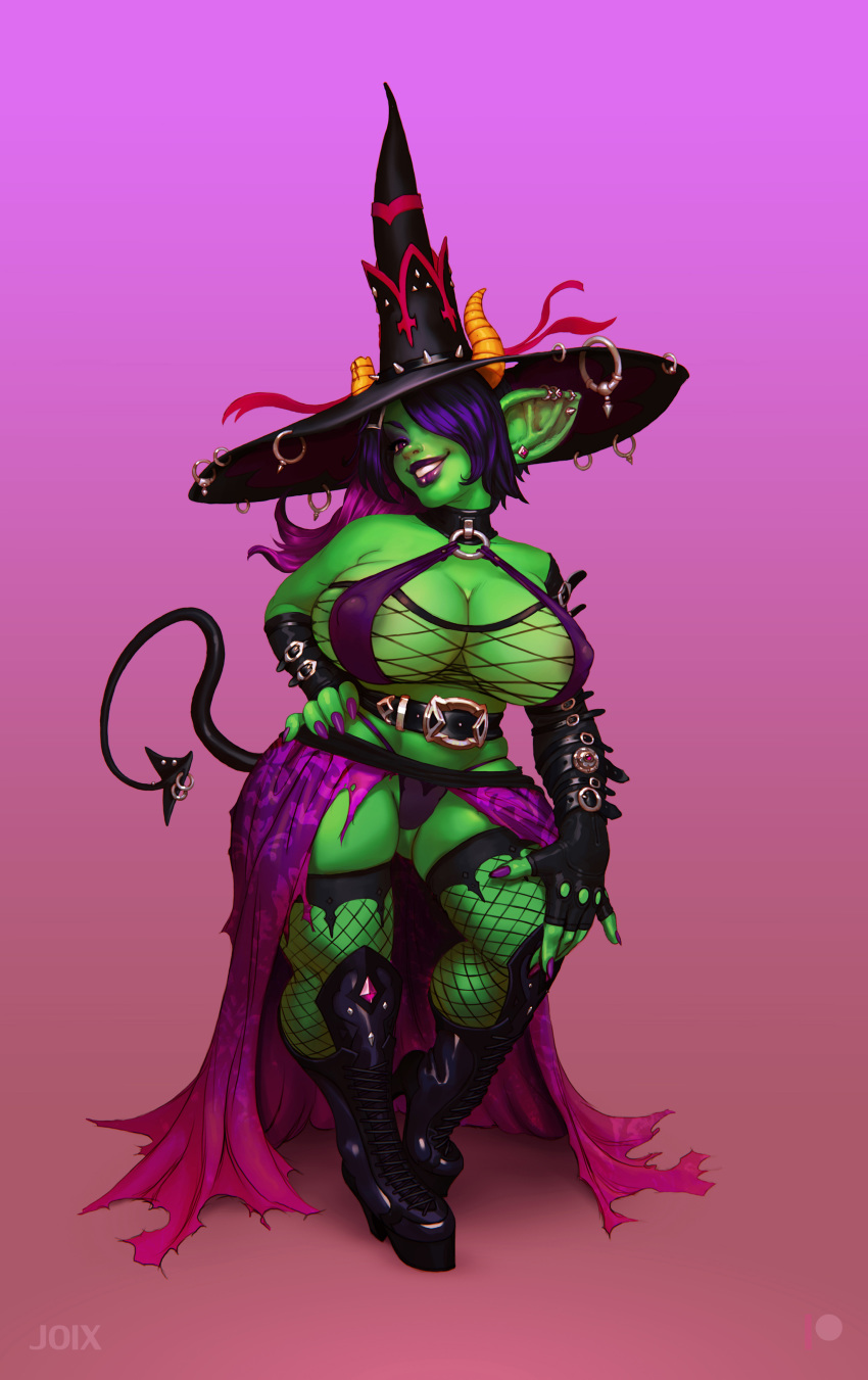 1girls boots cleavage curvy fantasy female female_only fishnet goblin goblin_female green_skin hat horns humanoid joixxx large_breasts long_ears piercing shortstack solo solo_female standing tail villeta_blackspark witch_hat