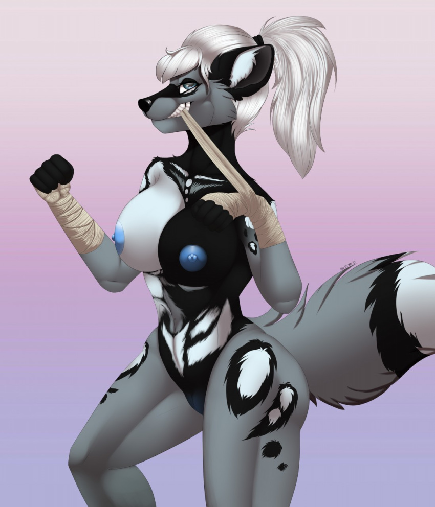 2018 5_fingers african_wild_dog anthro black_nose blackbatwolf blue_areola blue_eyes blue_nipples breasts canine enya female fur grey_fur hair mammal navel nipples nude pussy simple_background smile solo white_hair