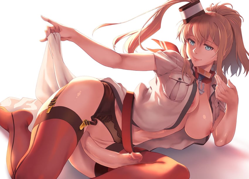 1futa anchor areolae arms_up bangs belt blue_eyes blush breast_pocket breasts breasts_out brown_hair censored closed_mouth collarbone commentary_request curvy dress dress_lift erect_nipples erection erection_under_clothes erection_under_skirt eyebrows_visible_through_hair futa_only futa_sans_balls futanari garter_belt garter_straps hair_between_eyes hair_ornament headgear holding intersex kantai_collection large_breasts large_penis lips long_hair looking_at_viewer lying navel nipples no_bra no_panties on_side open_clothes penis penis_out penis_under_clothes penis_under_skirt pocket ponytail red_legwear red_neckwear saratoga_(kantai_collection) side_ponytail sidelocks simple_background skindentation skirt skirt_lift smile smokestack solo takemura_sesshuu thighhighs undressing white_background white_dress