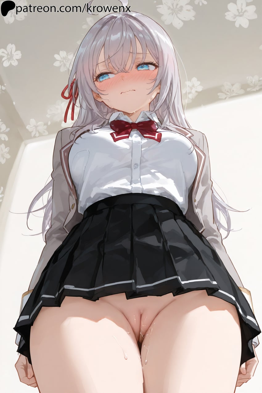 1girls ahoge ai_generated alisa_mikhailovna_kujou blue_eyes blush breasts closed_mouth fake_art female female_focus female_only from_below krowenx long_hair looking_away low-angle_view no_panties pussy pussy_juice school_uniform silver_hair skirt solo solo_female solo_focus standing thighs tokidoki_bosotto_russian_de_dereru_tonari_no_alya-san uncensored wavy_mouth