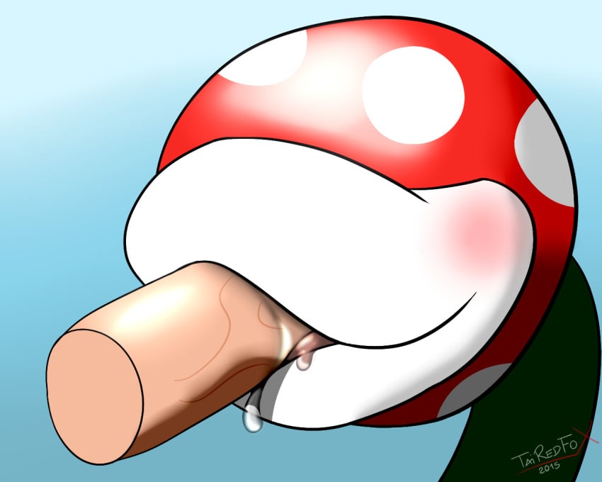 1boy 1other 2015 ambiguous_gender artist_name big_lips blue_background blush dated disembodied_penis fellatio flora_fauna human humanoid_penis lips male male/ambiguous mario_(series) nintendo oral oral_sex penis piranha_plant plant saliva sex simple_background smile sucking tairedfox