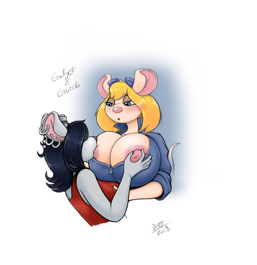 2018 big_breasts breasts character_name chip_'n_dale_rescue_rangers disney drxii female female_only gadget_hackwrench glitch_(character) hi_res huge_breasts mammal mouse nipples piercing rodent signature text yuri